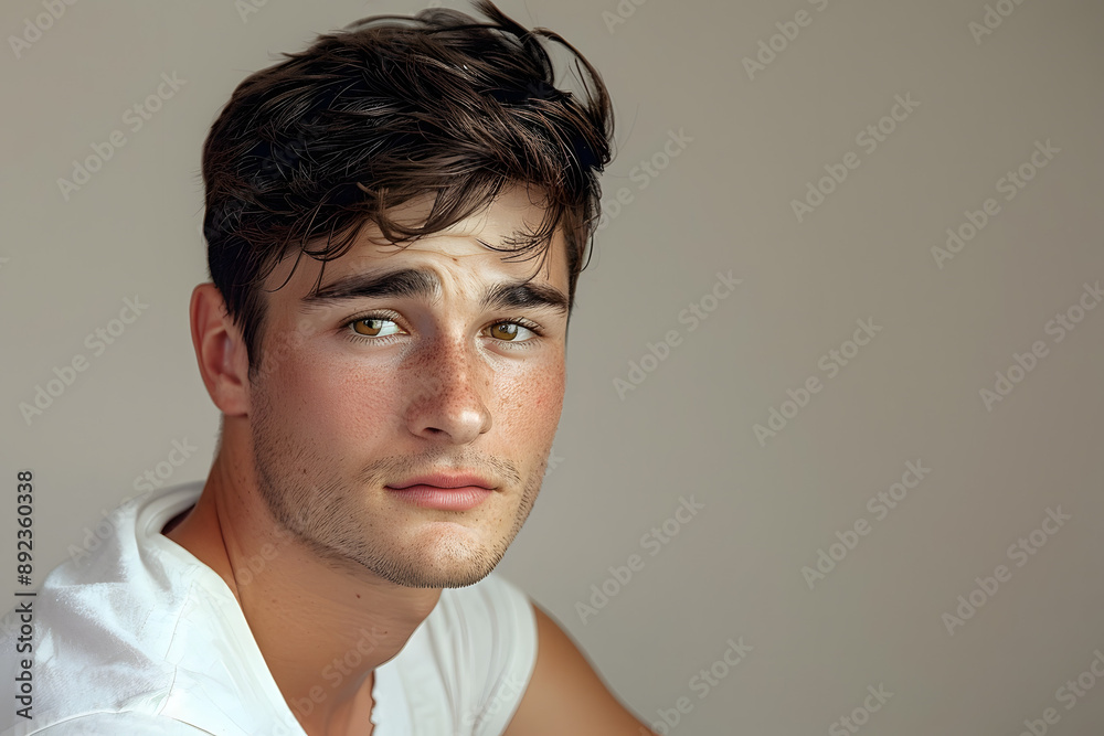 Young man with natural skin texture, wearing a white t-shirt, modeling Young man with natural skin texture, wearing a white t-shirt, modeling