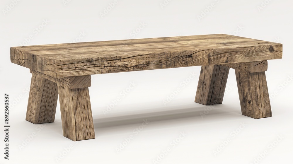 A wooden coffee table with a distressed finish and unique, angular legs A wooden coffee table with a distressed finish and unique, angular legs