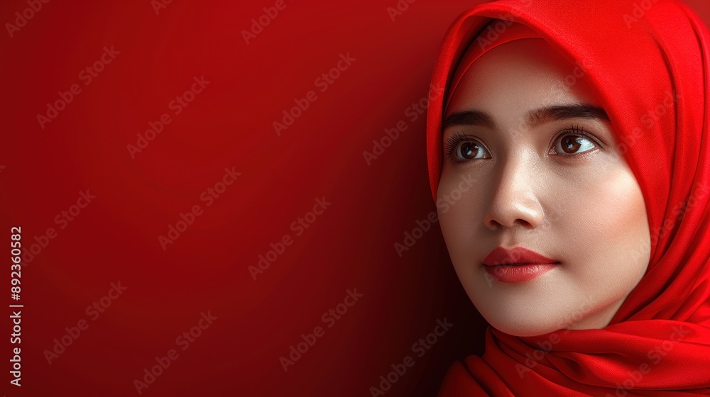 A woman in a red hijab gazes intently, her eyes reflecting strength and tranquility A woman in a red hijab gazes intently, her eyes reflecting strength and tranquility