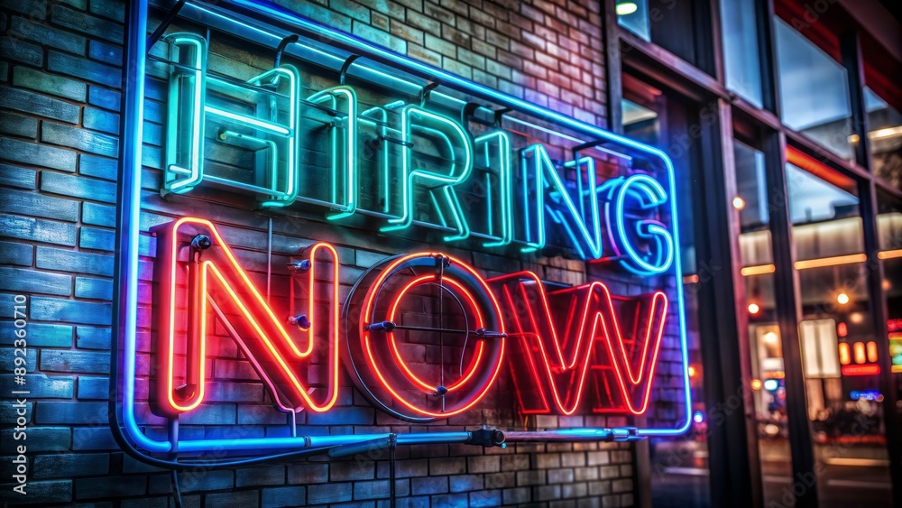Vibrant neon sign with bold font against a dark background, reading Hiring Now in an urban city street at night. Vibrant neon sign with bold font against a dark background, reading Hiring Now in an urban city street at night.