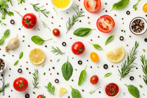 Pattern of fresh Mediterranean cuisine ingredients with fresh vegetables and herbs. Top view of traditional Mediterranean food products - tomatoes, lemons, peppers, olives and garlic