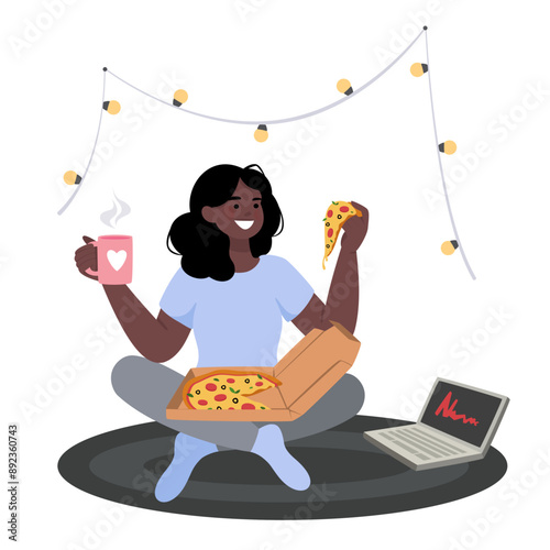 Girl eats pizza and watches movies