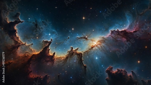 Cosmic panorama of nebulae and starfields across a deep space horizon