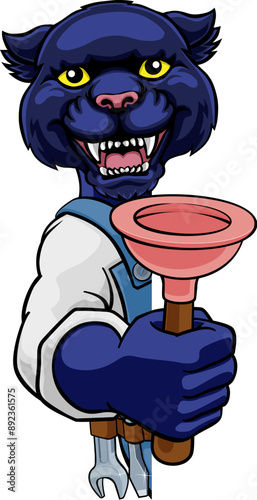 A panther plumber cartoon mascot holding a toilet or sink plunger peeking round a sign
