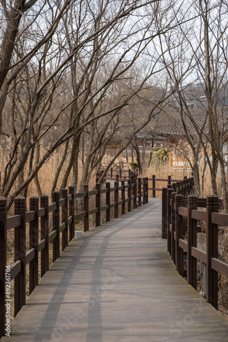 Wooden path in Eunpyeong Hanok Village, the largest neo-hanok residential complex in the capital area which surrounded by hills and mountains in Seoul, South Korea