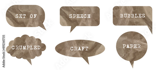 Set of Speech Bubbles with crumpled craft paper effect . Talk, communication bubble. Cloud speech bubbles collection. Vector