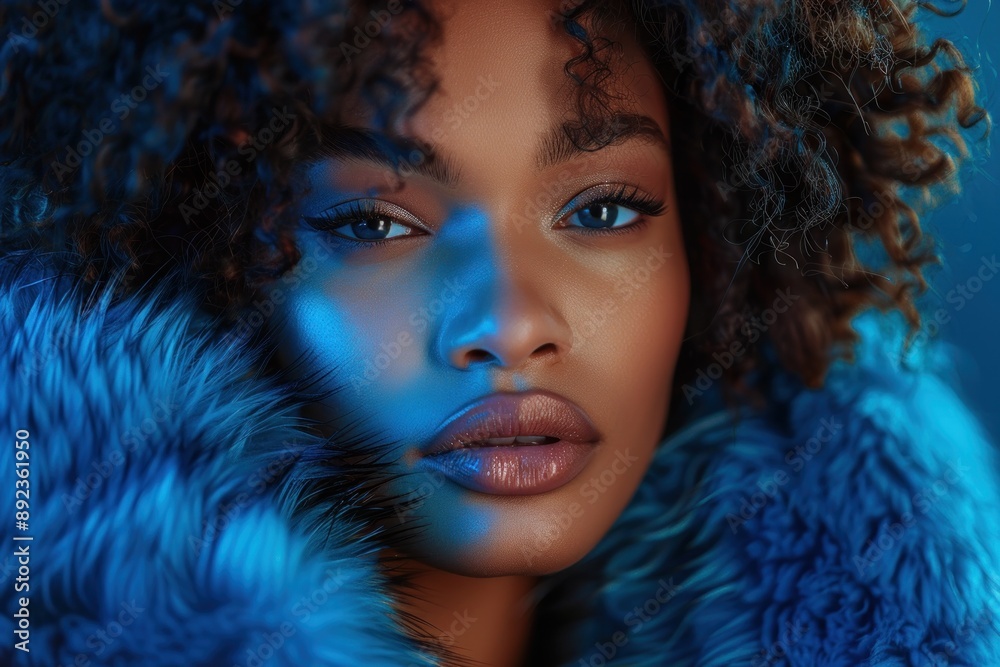 Elegant woman in a luxurious blue fur coat, illuminated by dramatic lighting that enhances her chic look. The dynamic composition showcases her impeccable style, with her hair styled to perfection. Elegant woman in a luxurious blue fur coat, illuminated by dramatic lighting that enhances her chic look. The dynamic composition showcases her impeccable style, with her hair styled to perfection.