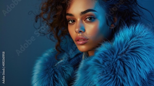 Stunning woman wearing a luxurious blue fur coat, standing under dramatic lighting that emphasizes her chic and elegant style. The dynamic composition showcases her impeccable fashion sense, with her