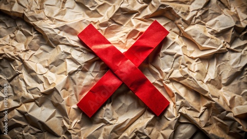 A bold, red X symbol overlaid on a backdrop of crumpled paper with ripped-out hateful words, conveying a powerful anti-discrimination message. photo