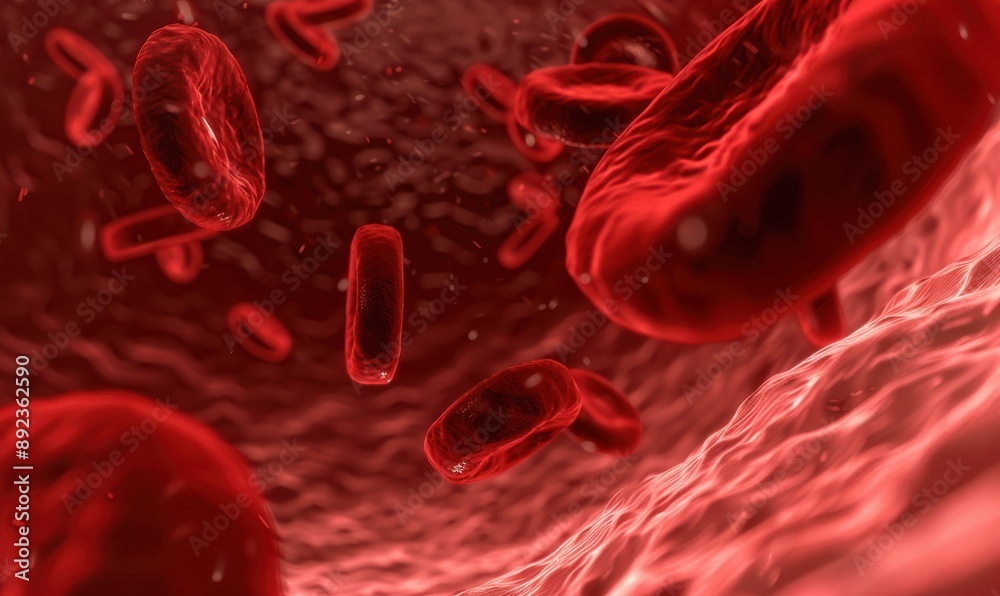 Fototapeta premium A close up of red blood cells in motion. Free copy space for text.