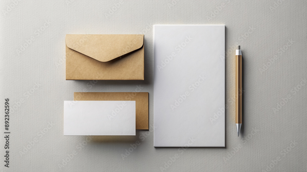 Professional corporate stationery set with business card, letterhead, and envelope mockup arranged on a white textured paper background with subtle gradient effect.