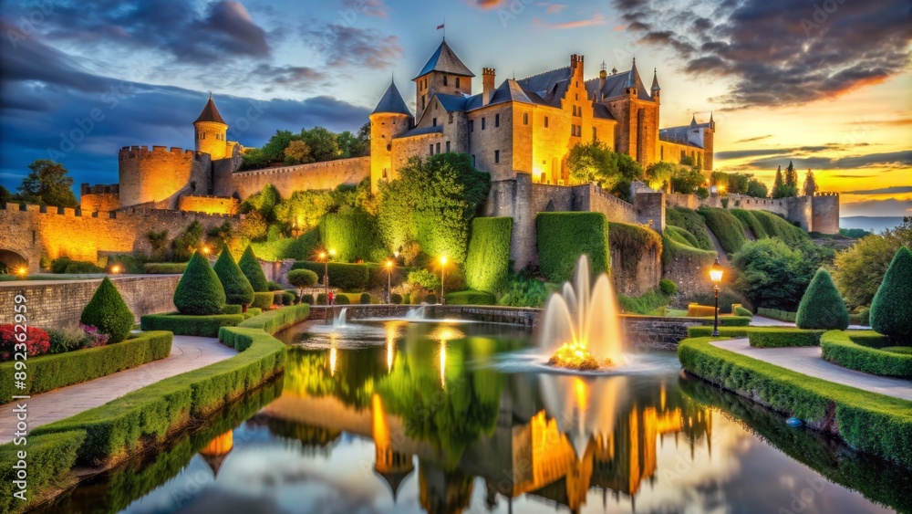 Obraz premium Majestic medieval-inspired fortress surrounded by lush greenery and tranquil water features, illuminated by soft golden evening light.