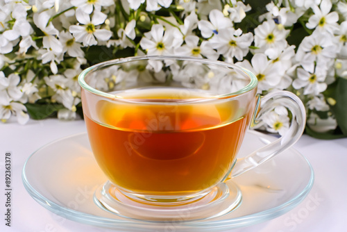 A mug of hot drinks with flowers. Top view cup concept. White mug with flowers for tea. A woman drinking tea in a mug with white lifestyle flowers.