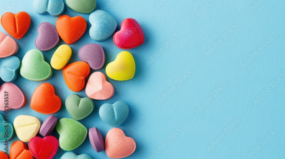 Colorful heart shaped pills on blue background with paper stickers for health choices Colorful heart shaped pills on blue background with paper stickers for health choices