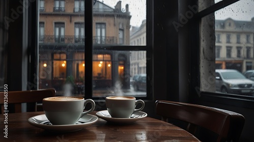The photo shows a cafe, two cups of coffee on the table, it's raining outside, autumn, dark, sad mood