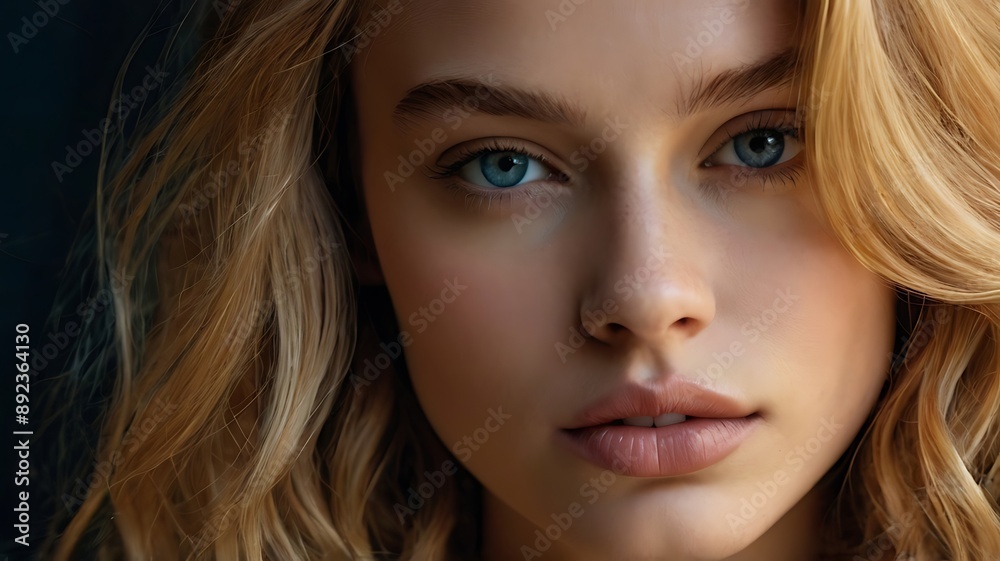 portrait of a beautiful young girl with long blond wavy hair and blue eyes looking at the camera