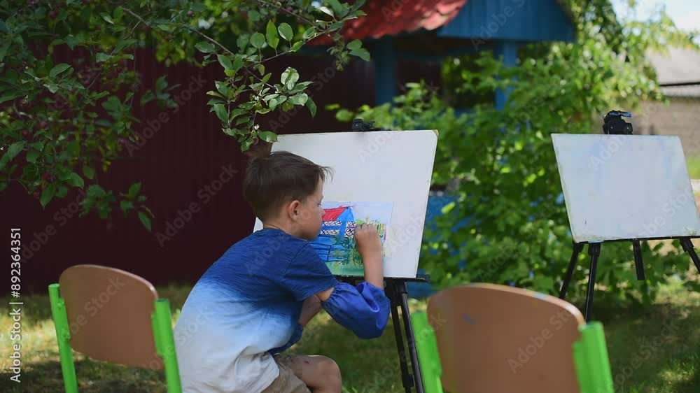 A pre-teen boy draws with dry pastel chalk on an easel in the school's backyard garden
A pre-teen boy draws with dry pastel chalk on an easel in the school's backyard garden