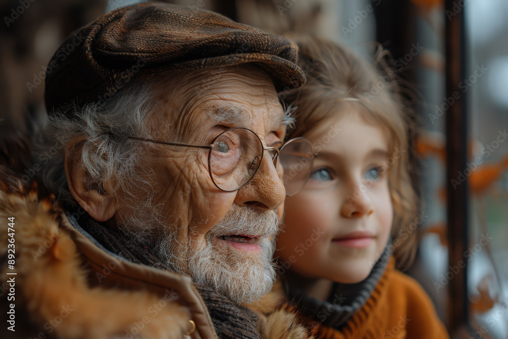 Fototapeta premium Close-up portrait of a happy elderly man with his granddaughter
