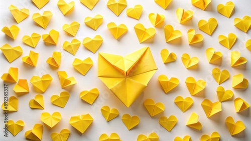 Vibrant yellow origami hearts scattered beautifully across a clean white background, creating a romantic and festive atmosphere for Valentine's Day.