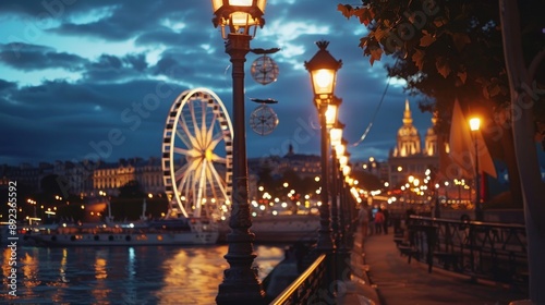 Nighttime View of Cityscape with Ferris Wheel and Streetlights photo