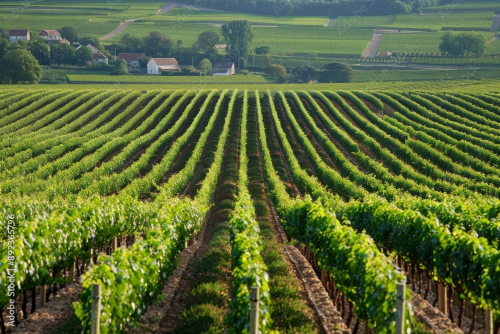 Champagne vineyards with row vine grape with village in the background, surrounded by the beautiful French countryside Champagne vineyards with row vine grape with village in the background, surrounded by the beautiful French countryside