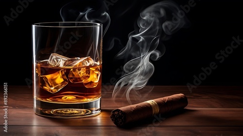 a smoking cigar and a glass of whiskey