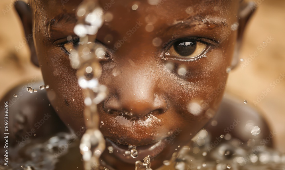 A young African child drinks from a stream, highlighting issues of water scarcity. A young African child drinks from a stream, highlighting issues of water scarcity.