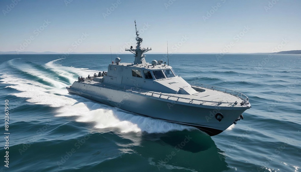 A fast attack boat slicing through calm waters on a clear summer day, with a bright blue sky and sunlit waves
