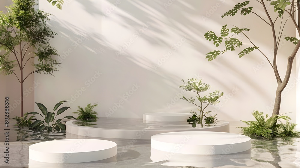 3D rendering of a white stone platform for product display, surrounded by water and plants. 3D rendering of a white stone platform for product display, surrounded by water and plants.