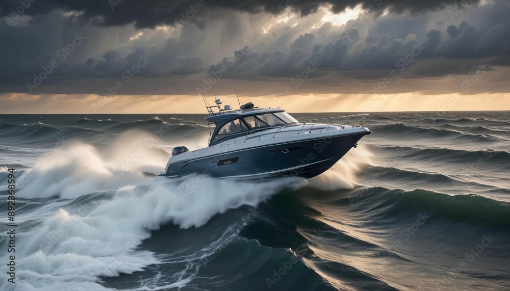 Naklejka premium A high-speed boat maneuvering through choppy waters at dawn, with the first light of day breaking through storm clouds