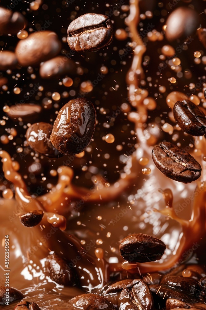 A pile of coffee beans falls into a puddle of water, creating a brown mess A pile of coffee beans falls into a puddle of water, creating a brown mess