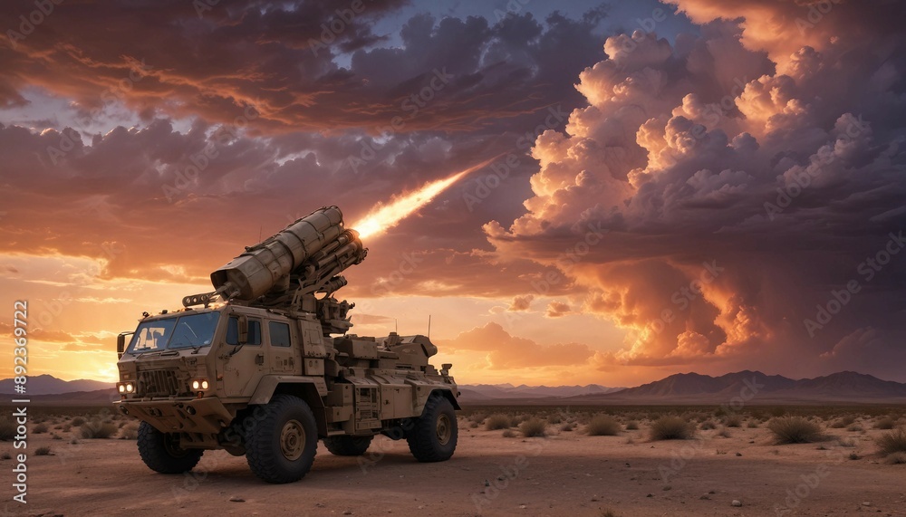 Fototapeta premium A high-tech missile launcher at dusk, with a dramatic sunset sky and clouds, set in a desert landscape 