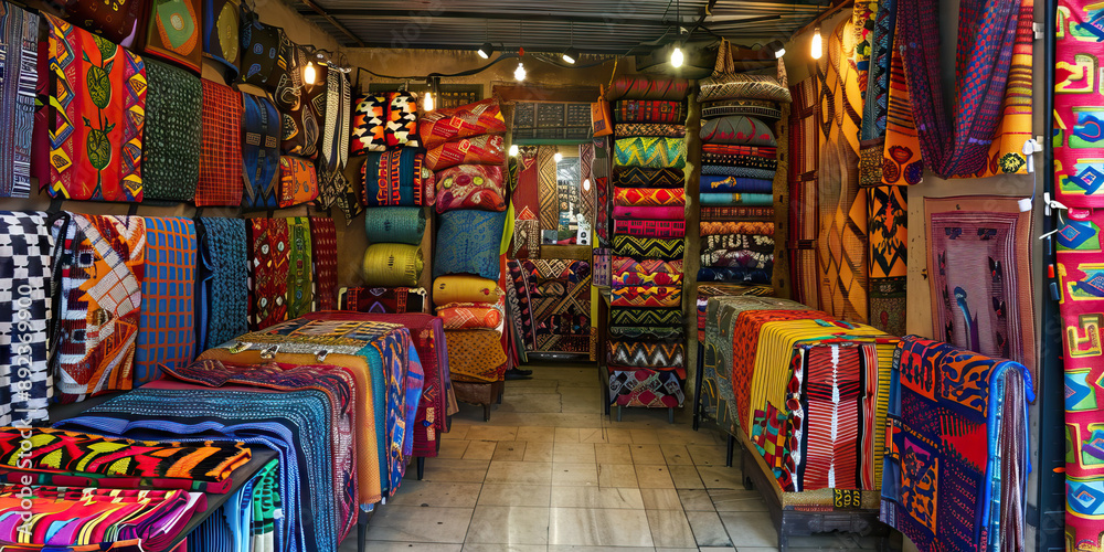 Fototapeta premium African Textiles & Tapestries: A shop filled with colorful African fabrics, woven into tapestries and hung on walls as decoration.