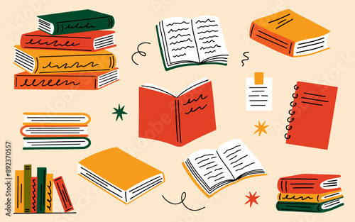 Set of various opened, closed books, stack of books vector illustration stickers in cartoon groovy retro style. Read more, World Book Day design concept flat modern education elements, Back to school