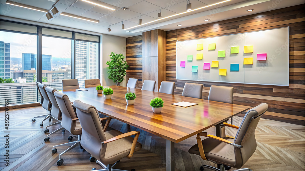 Modern conference room with empty chairs and a large wooden table, whiteboard with colorful markers and notes, reflecting corporate teamwork and strategy planning. Modern conference room with empty chairs and a large wooden table, whiteboard with colorful markers and notes, reflecting corporate teamwork and strategy planning.