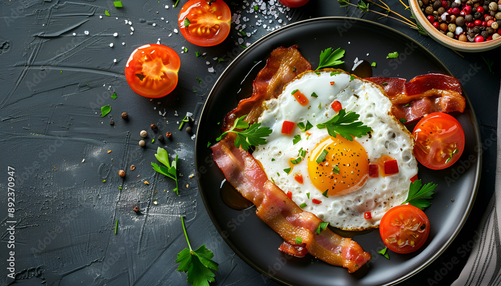English breakfast - fried egg, tomatoes and bacon. Top view English breakfast - fried egg, tomatoes and bacon. Top view
