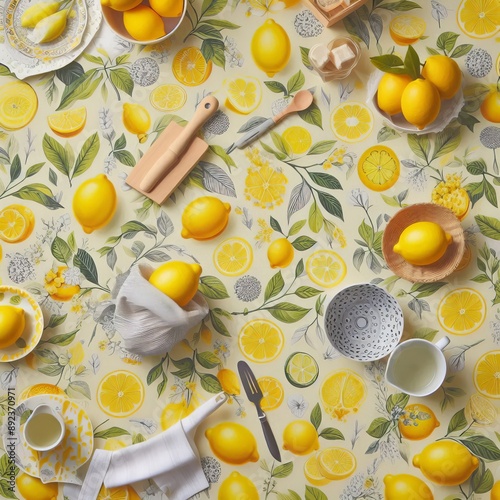 Lemon print oilcloth Oilcloth featuring fresh and citrusy lemon