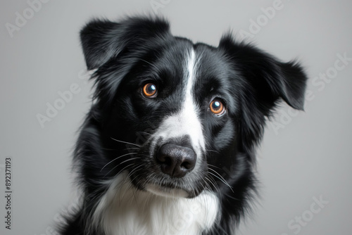 Close-Up Studio Portrait of an Inquisitive Black and White Dog