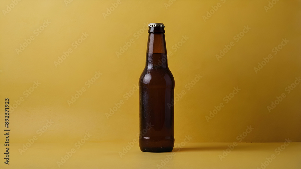 Beer bottle on yellow background, Flat lay with copy space, beautiful photos, famous drink Beer bottle on yellow background, Flat lay with copy space, beautiful photos, famous drink