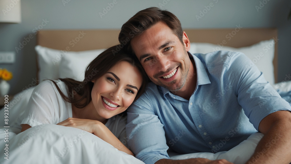 Caucasian couple is lying in bed together, smiling and looking at camera. They are in hotel room Caucasian couple is lying in bed together, smiling and looking at camera. They are in hotel room