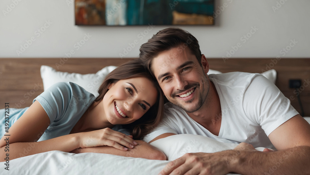 Smiling couple is lying in bed, looking at camera with happy expressions. They are in modern bedroom with white bedding Smiling couple is lying in bed, looking at camera with happy expressions. They are in modern bedroom with white bedding