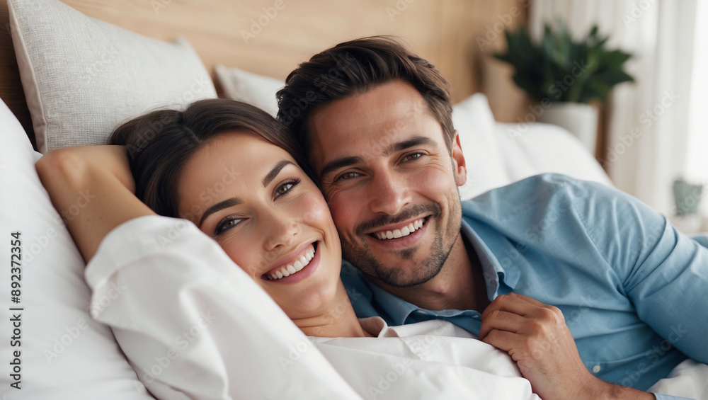 Smiling Caucasian couple in bed, woman resting head on arm and man holding her, both beaming with love and happiness at camera Smiling Caucasian couple in bed, woman resting head on arm and man holding her, both beaming with love and happiness at camera