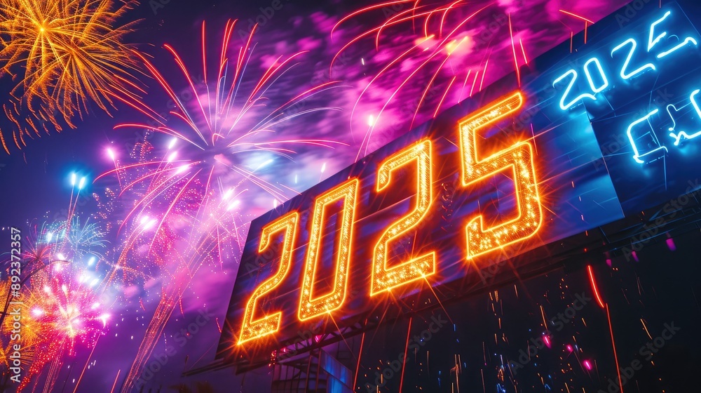 Eye-Catching Neon Billboard '2025' with Dynamic Fireworks Eye-Catching Neon Billboard '2025' with Dynamic Fireworks