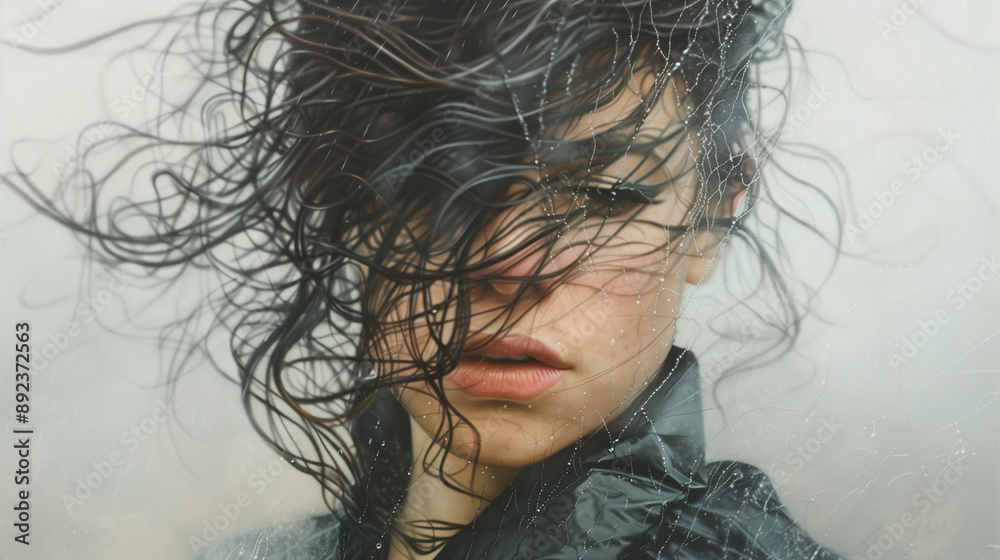 A woman with loose hair in a fog A woman with loose hair in a fog