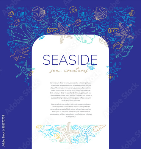 Vector frame, border, vignettes, corners of line art tropical sea elements, seashells, starfish. Doodles of marine life. Sea decor for scrapbook, card, design. Ocean creatures. Maritime illustration