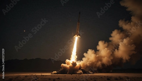 A stealth missile being launched from a hidden platform in the dead of night, illuminated only by its exhaust flames
 photo