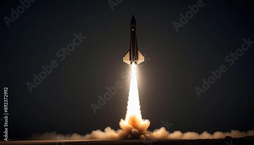 A stealth missile being launched from a hidden platform in the dead of night, illuminated only by its exhaust flames
 photo