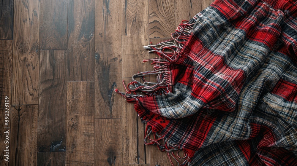 Fototapeta premium Red plaid on wood floor with blanket