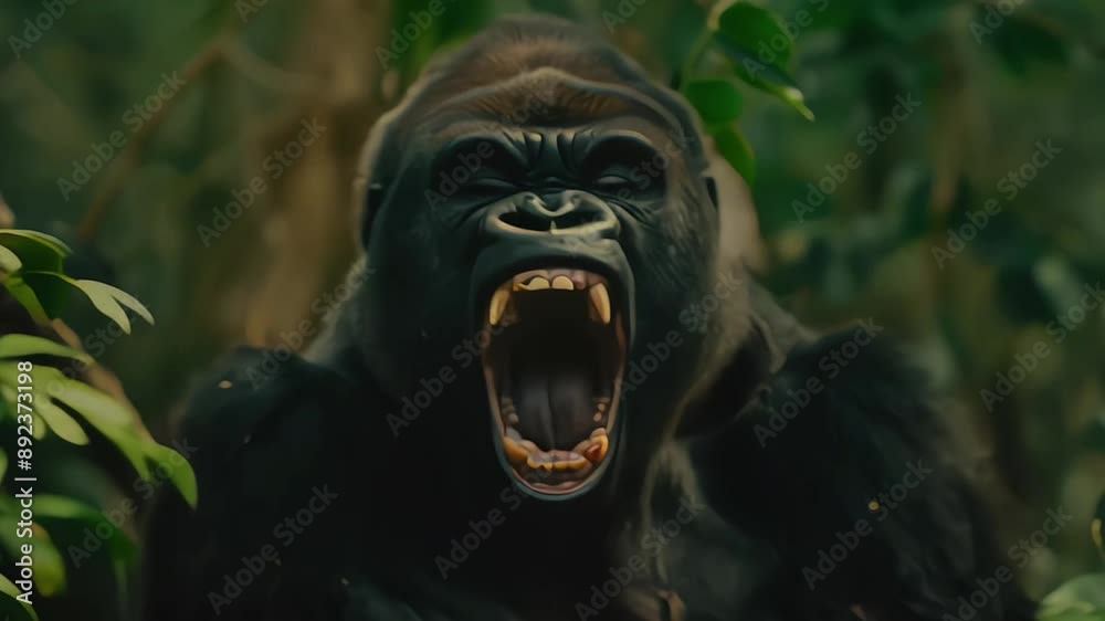 Large or big silverback black gorilla, angry powerful animal roaring in jungle wildlife nature. Strong beast screaming, aggressive, teeth, King Kong Large or big silverback black gorilla, angry powerful animal roaring in jungle wildlife nature. Strong beast screaming, aggressive, teeth, King Kong