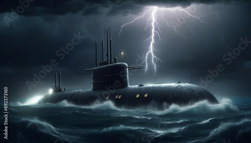 A submarine emerging from the ocean depths during a stormy night, with lightning illuminating the scene
 photo